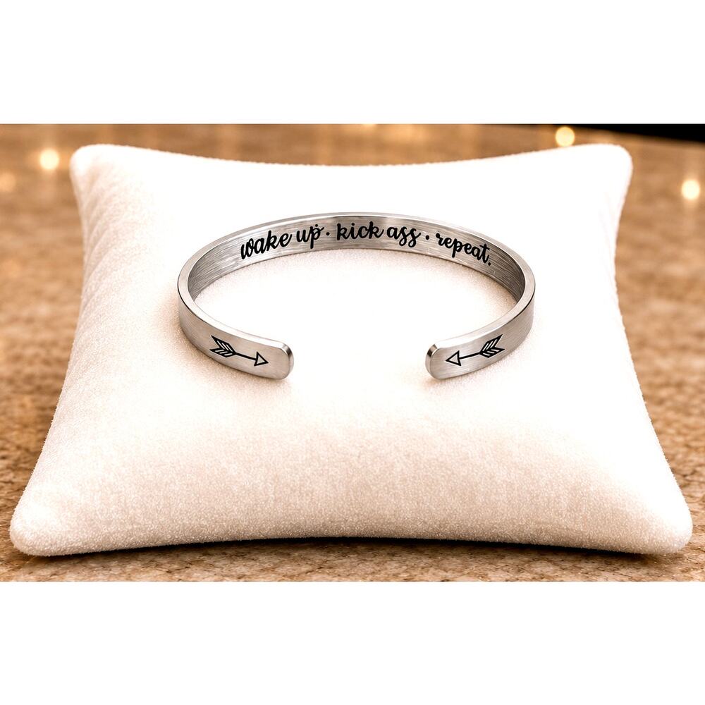 Stainless Steel C-Shaped Cuff "Wake up, Kick A$s, Repeat" Bracelet Silver